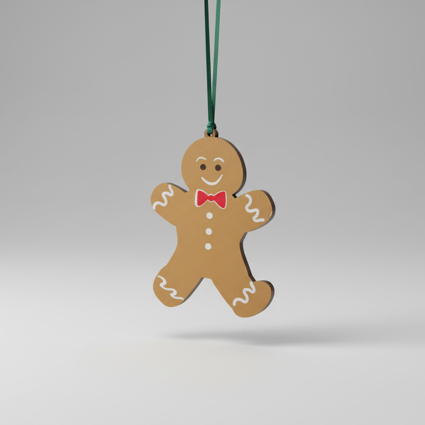 wooden gingerbread hanging decoration against a plain white background