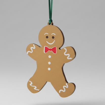 zoomed in image of wooden gingerbread hanging decoration on plain background