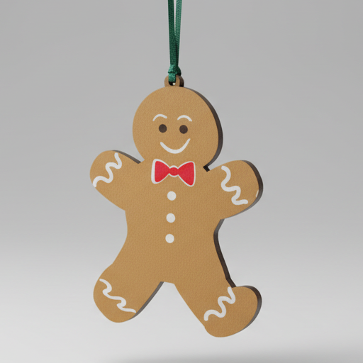 zoomed in image of wooden gingerbread hanging decoration on plain background
