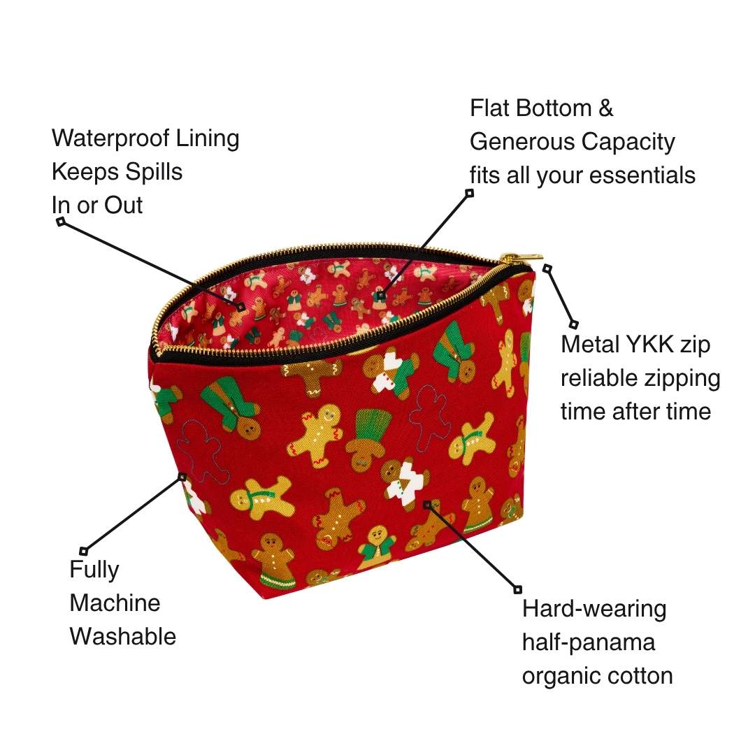 Red pouch with gingerbread biscuits pattern and features listed on a white background