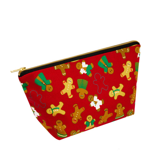 Red pouch with gingerbread man pattern on a white background