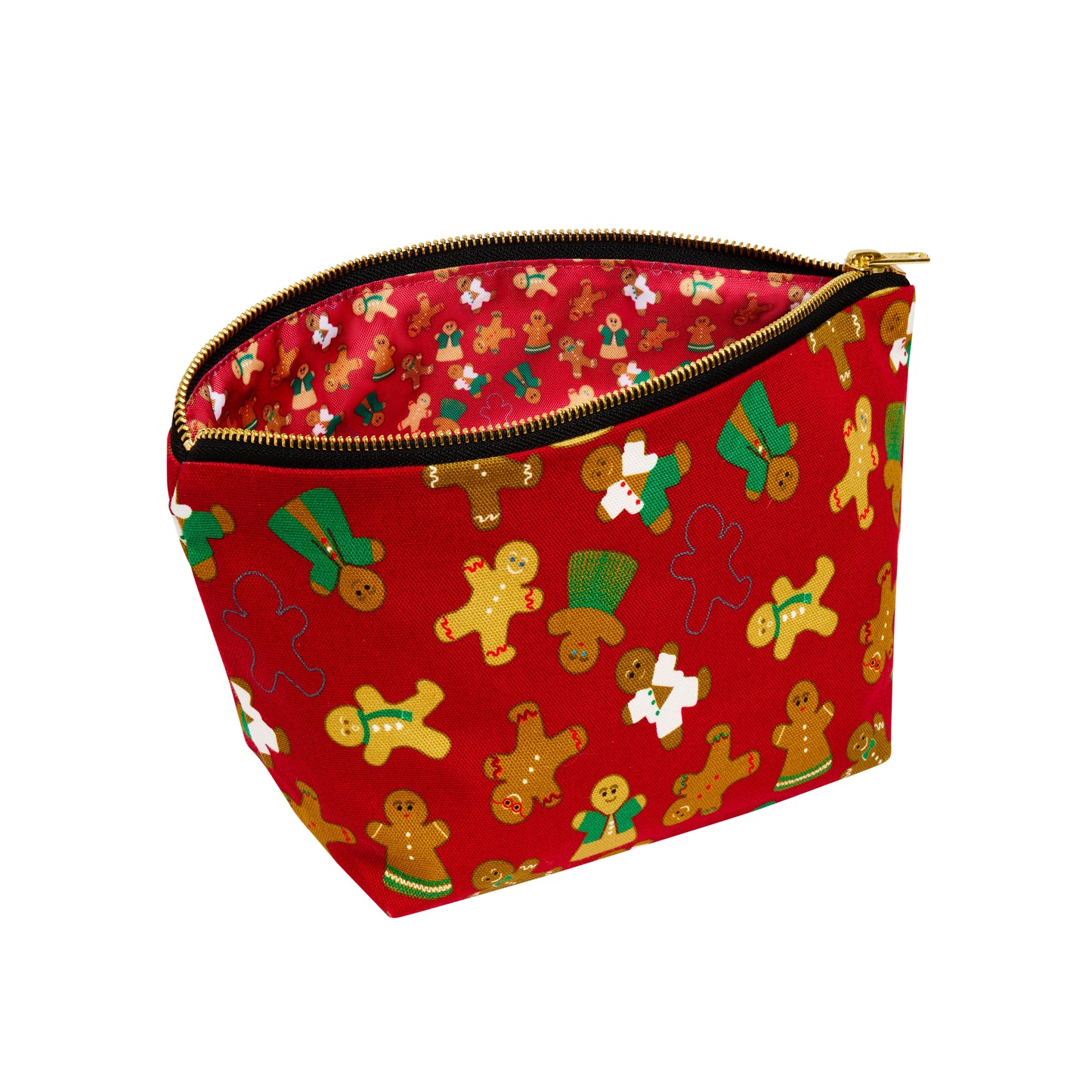 Red cosmetic bag with gingerbread man pattern on a white background, shown open to reveal printed waterproof lining