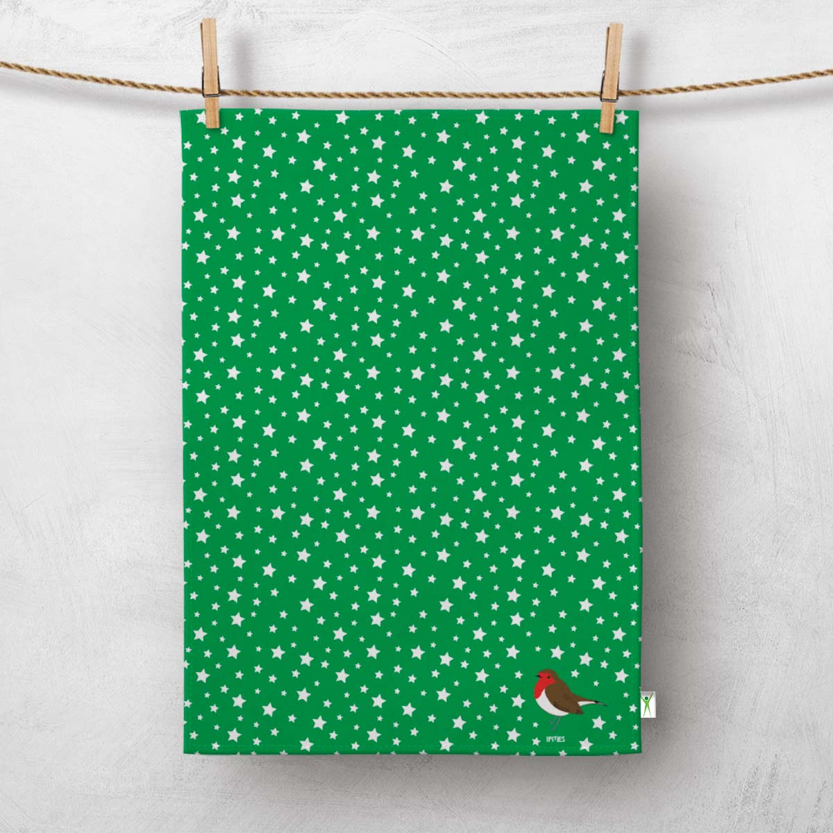 Limited Edition Festive Green Robin & Stars Colourful Tea towel