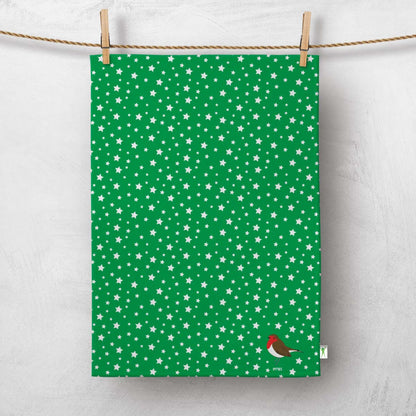 Limited Edition Festive Green Robin & Stars Colourful Tea towel