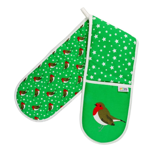 Pair of bright green organic cotton oven mitts with  fun illustrative design of red robin birds and star, shown on a plain white background