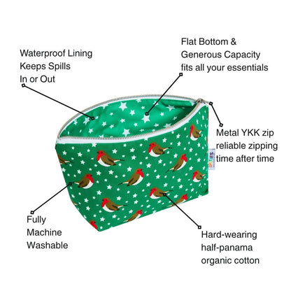Green zippered pouch with a robin pattern, surrounded by callout lines and text describing its features like waterproof lining, flat bottom, metal YKK zipper, and machine washability.