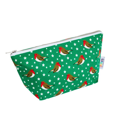 A green zippered pouch featuring a repeating pattern of red-breasted robins and white stars, shown zipped closed