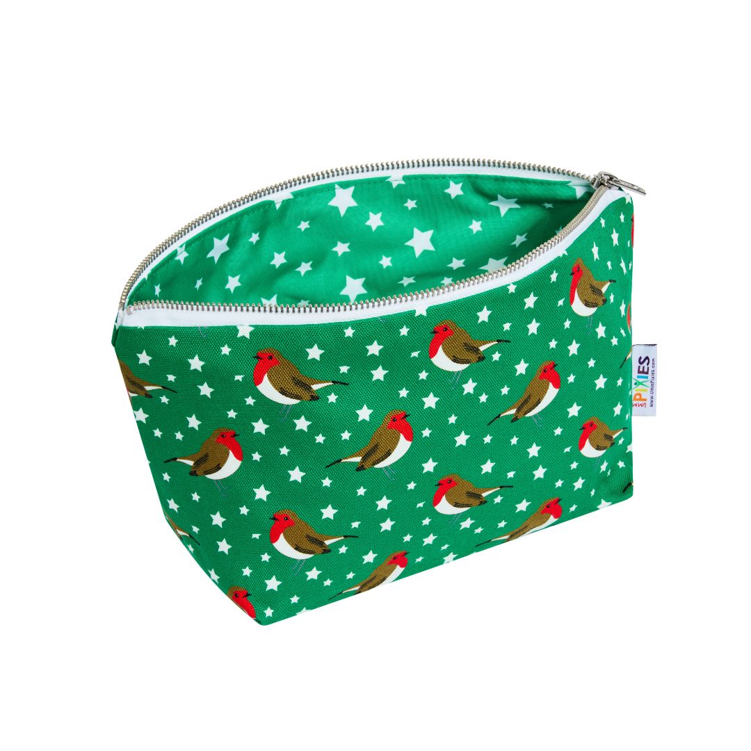 A green zippered pouch with a white star pattern and red-breasted birds, shown on a plain white background.