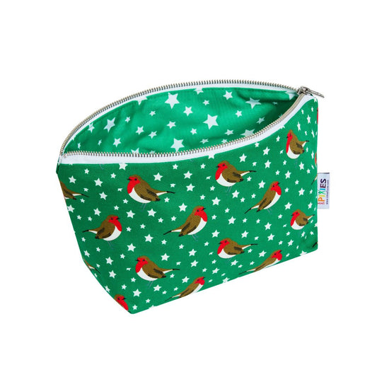 A green zippered pouch with a white star pattern and red-breasted birds, shown on a plain white background.