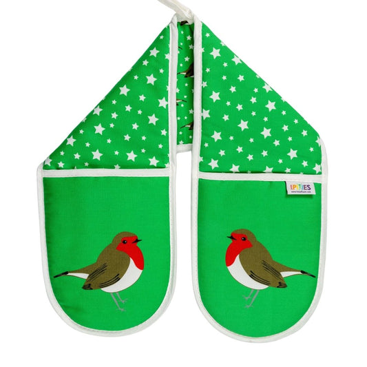 Pair of bright green organic cotton oven mitts with  fun illustrative design of red robin birds and star, shown on a plain white background