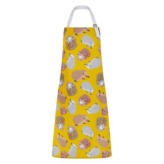 Yellow organic cotton apron featuring UmmPixies hedgehogs illustrations