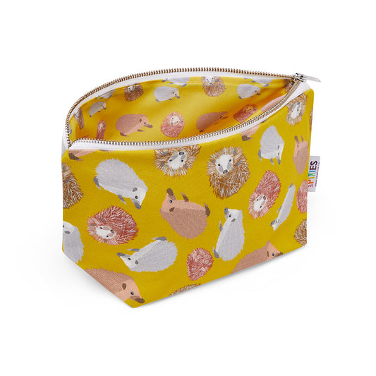 Sunny YellowHedgehogs Design really useful bag  shown with zip open to reveal printed waterproof lining 