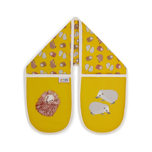 Sunny yellow Hedgehog design organic cotton double oven gloves.Illustrated on both sides and shown here on a plain white background
