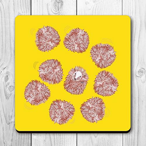 Eye catching Yellow coaster featuring a spiral of curled up super cute hedgehogs 
