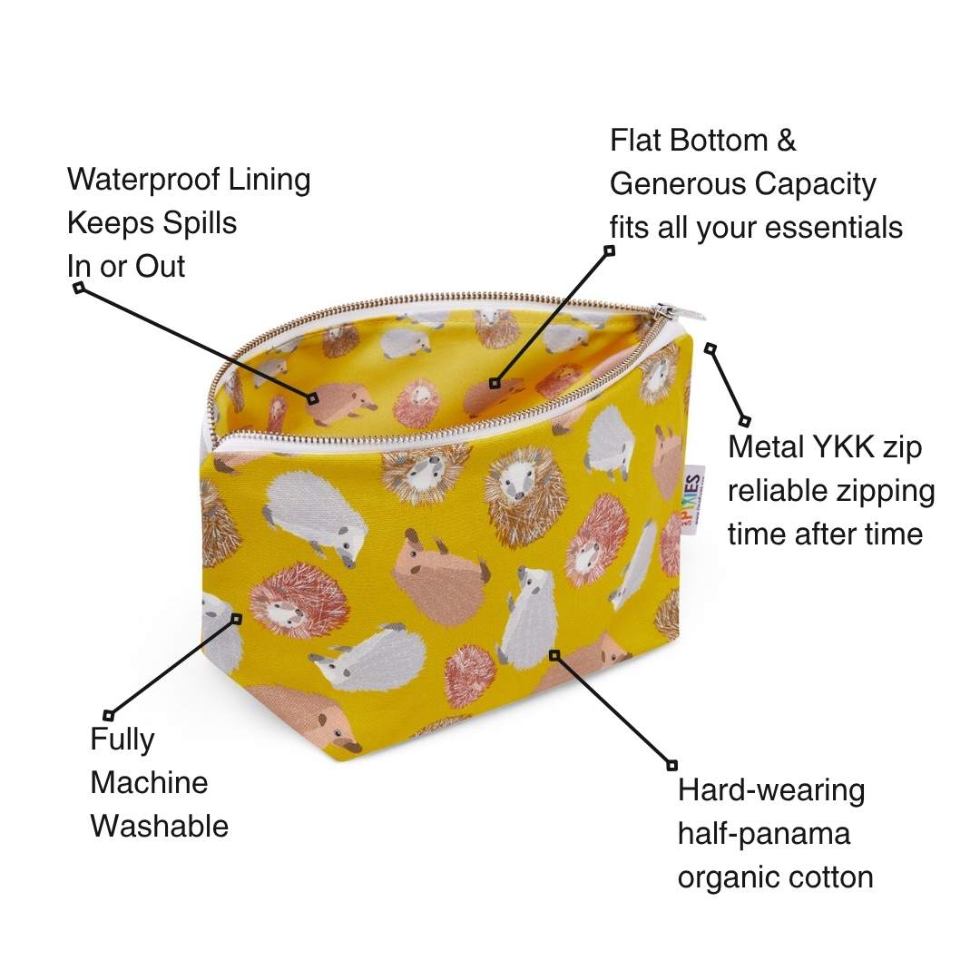 Yellow pouch with hedgehog pattern and features listed on a white background