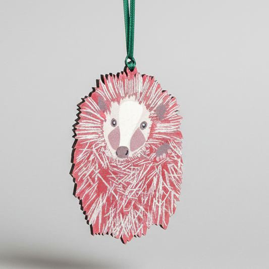 Hedgehog hanging decoration on a plain background