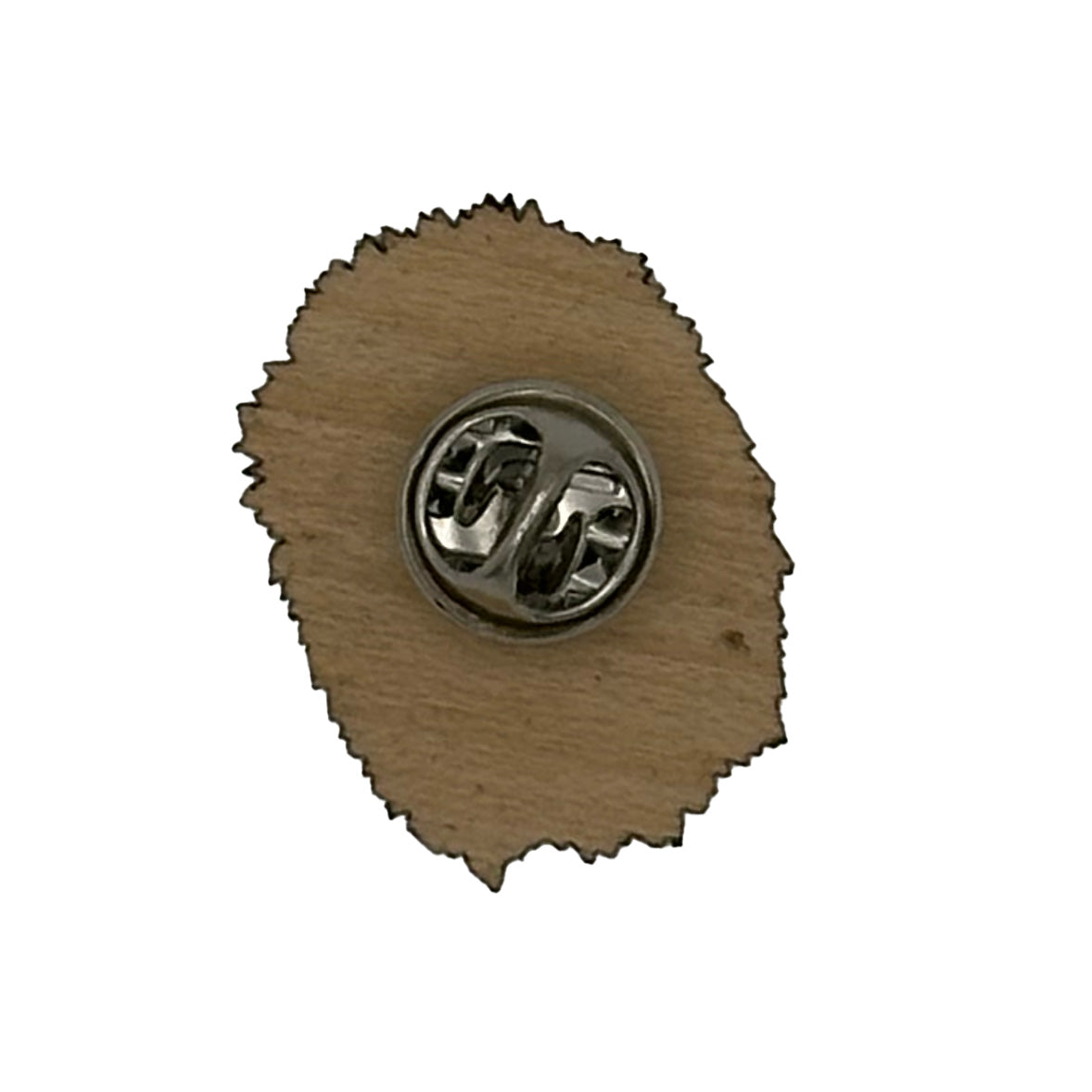 hedgehog wooden pin badge showing reverse