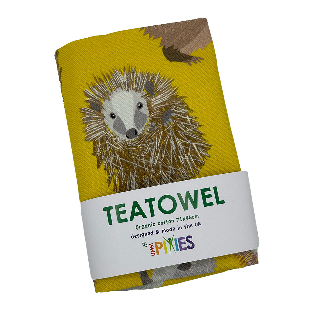 Hedgehog organic cotton tea towel shown in packaging
