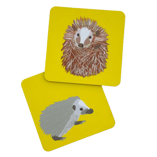 2 designs of bright yellow hedgehog coasters from UmmPixies
