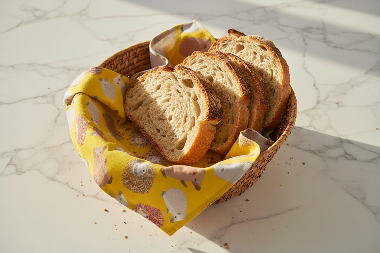 Sunny yellow hedgehogs design tea towel shown lining a basket filled with bread 
