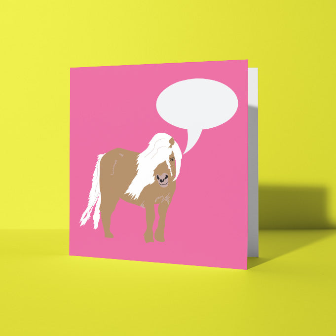 Pink card with a horse illustration and speech bubble