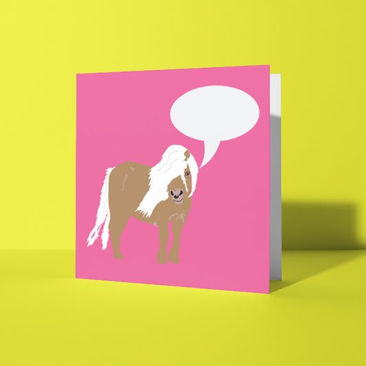 Pink card with a horse illustration and speech bubble