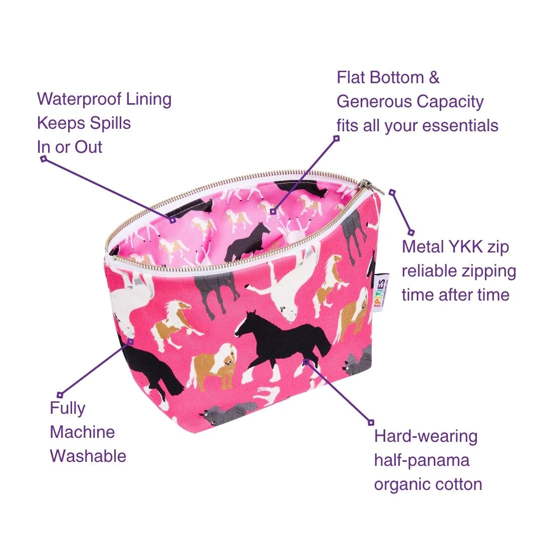 Pink pouch with horse pattern and features listed on a white background