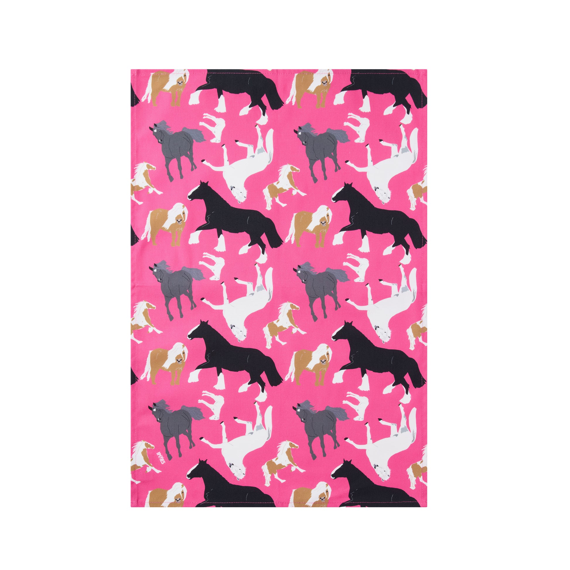Pattern of horses on a pink cotton tea towel