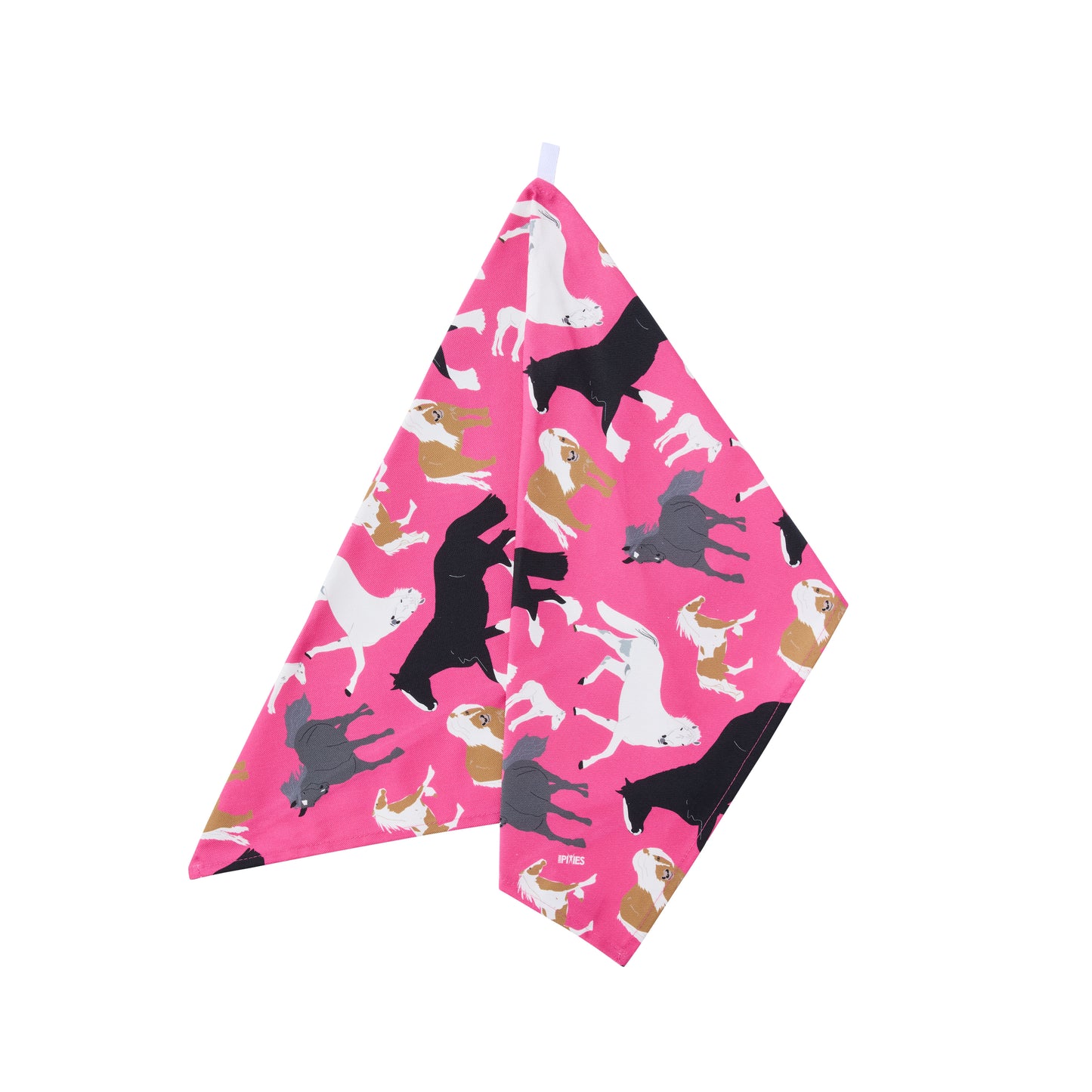 Pink towel with horses and ponies pattern hanging on a white background