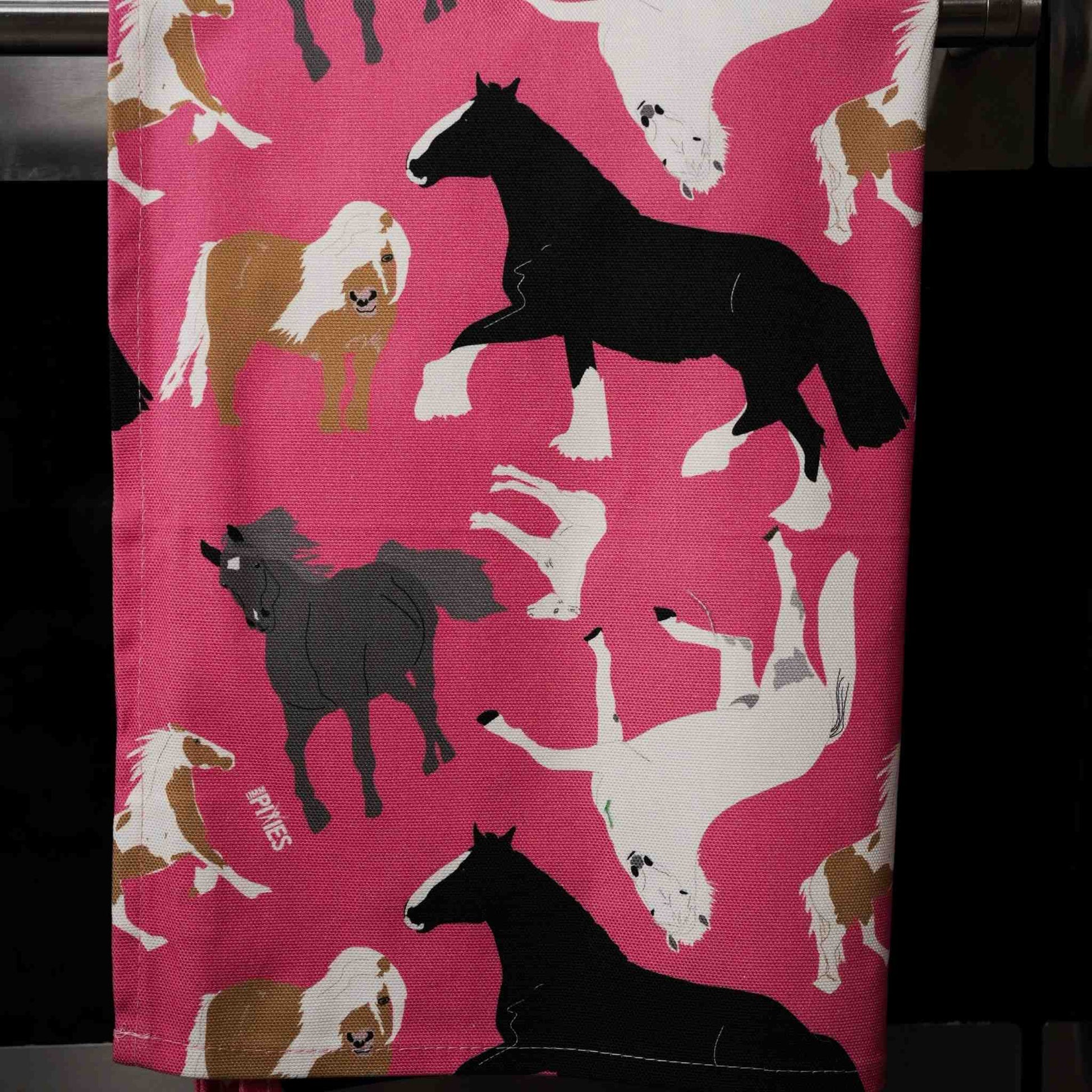 bright pink organic cotton tea towels with horses illustrations 