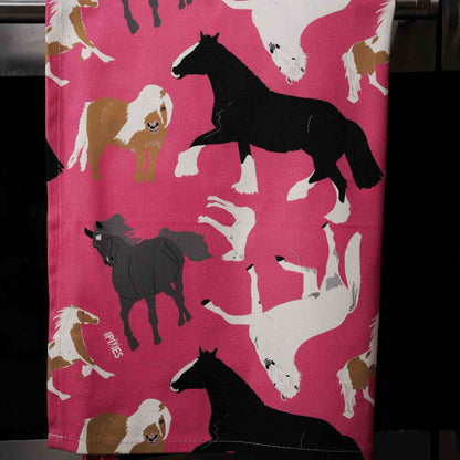 bright pink organic cotton tea towels with horses illustrations 