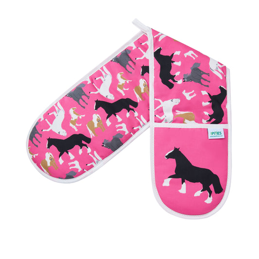 Pink oven mitt and pot holder with horse pattern on a white background