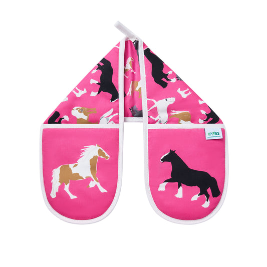 Pair of oven mitts with horse design on a pink background