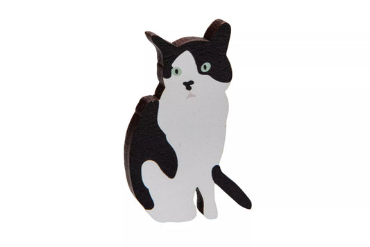 Black & White Tuxedo Cat wooden pin badge lapel pin