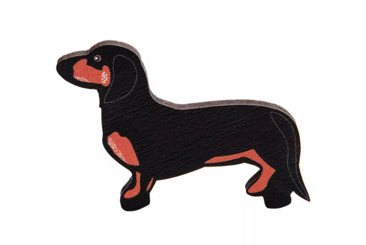 Black and Tan short haired Dachshund Wooden Pin Badge
