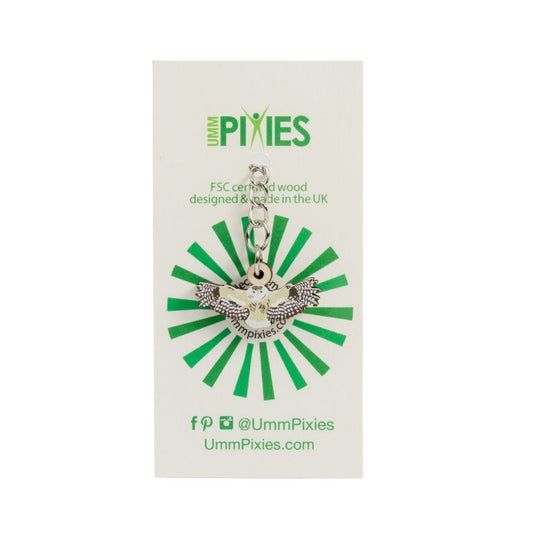 UmmPixies Little Owl in flight wooden charm keyring on a branded card with green and white design