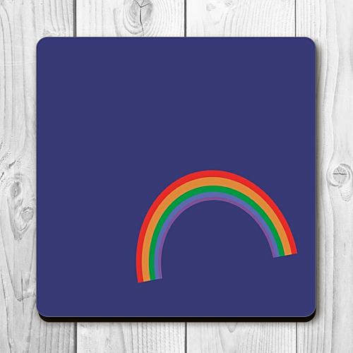 single rainbow coaster from UmmPixies FSC certified board and cork, designed and made in Britain, bright joyful rainbows