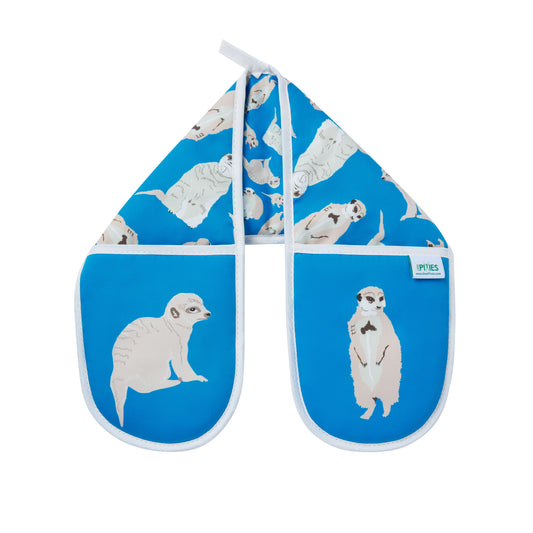 Set of oven mitts and pot holders with meerkat design on a blue background