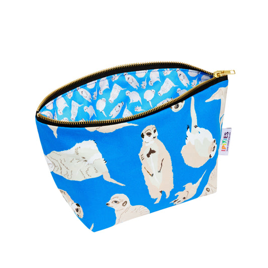 Blue zippered pouch with meerkat pattern on a white background