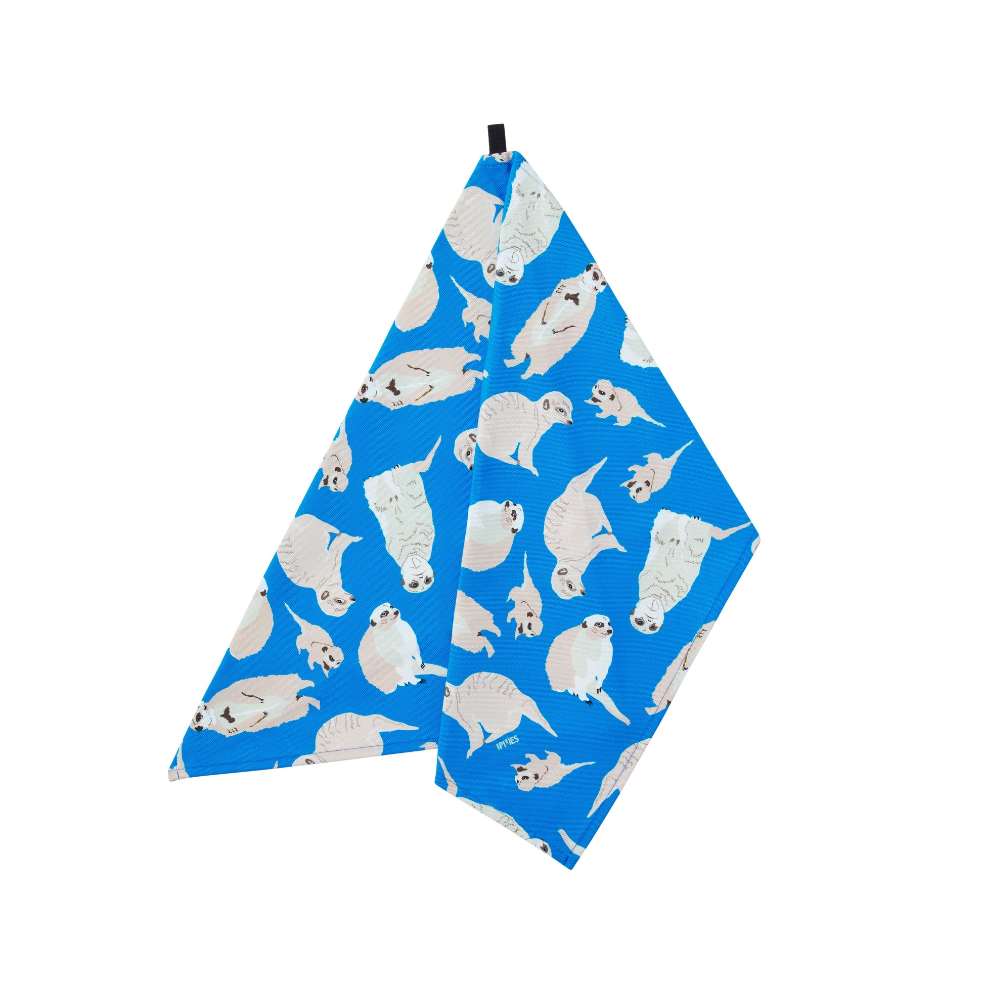 Blue towel with meerkat pattern on a white background