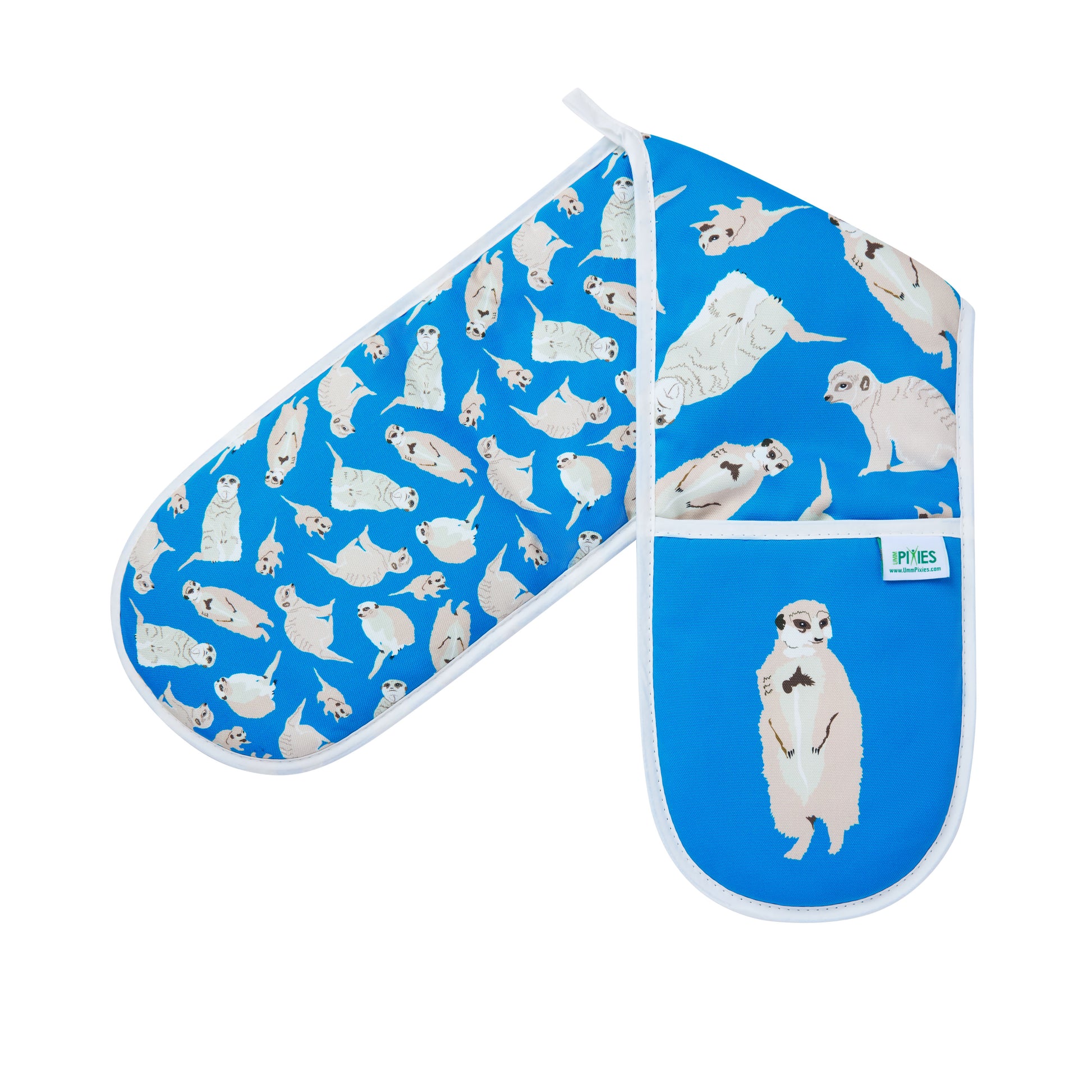 Oven mitt and pot holder with meerkat pattern on a blue background