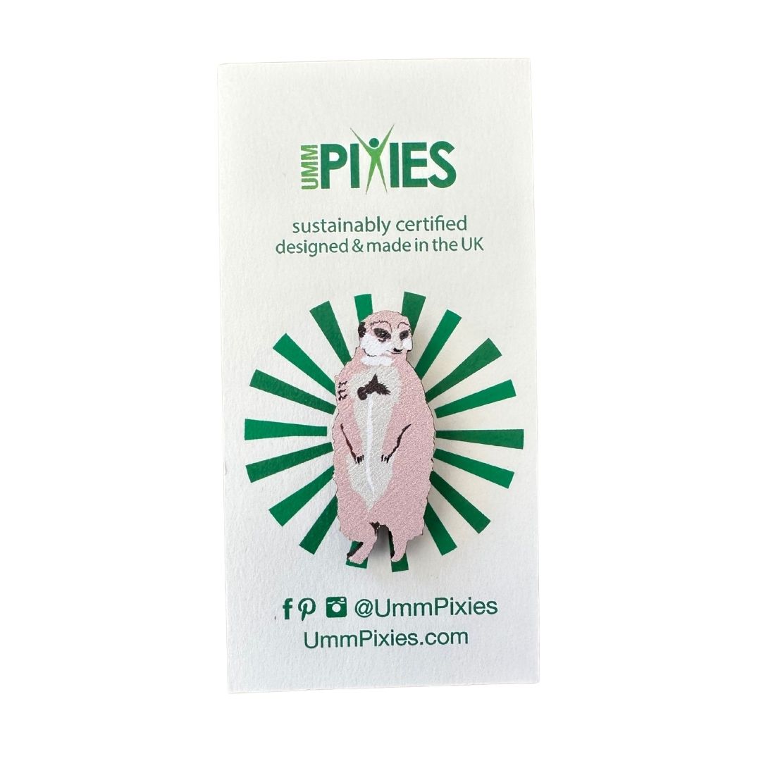 Meerkat wooden pin badge on display card