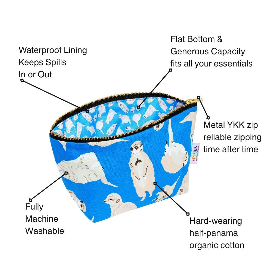 Blue pouch with meerkat pattern and features listed on a white background