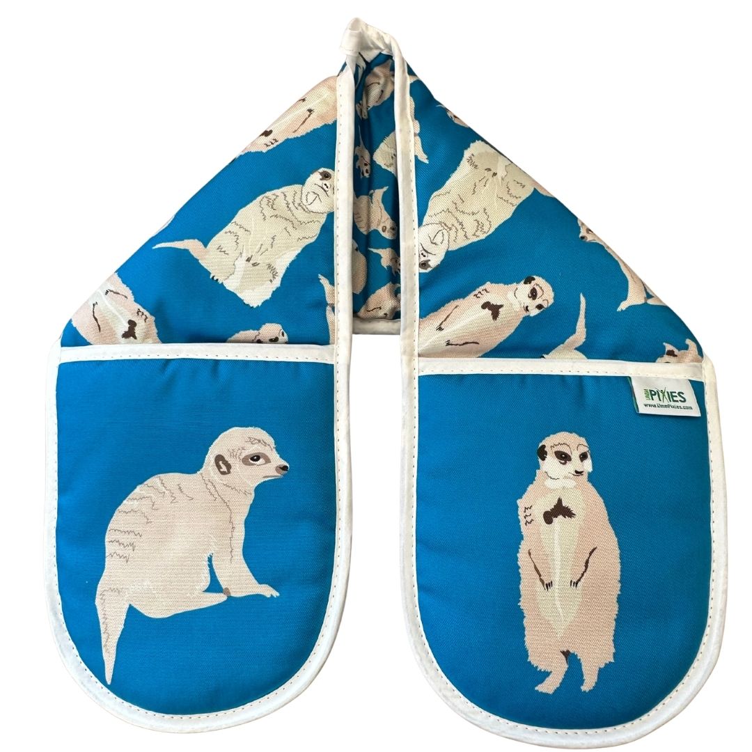 Bright blue cotton oven gloves with meerkat illustrations