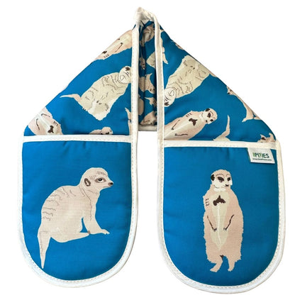 Bright blue cotton oven gloves with meerkat illustrations