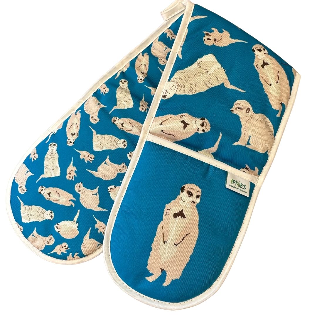 Bright blue cotton oven gloves with meerkat illustrations