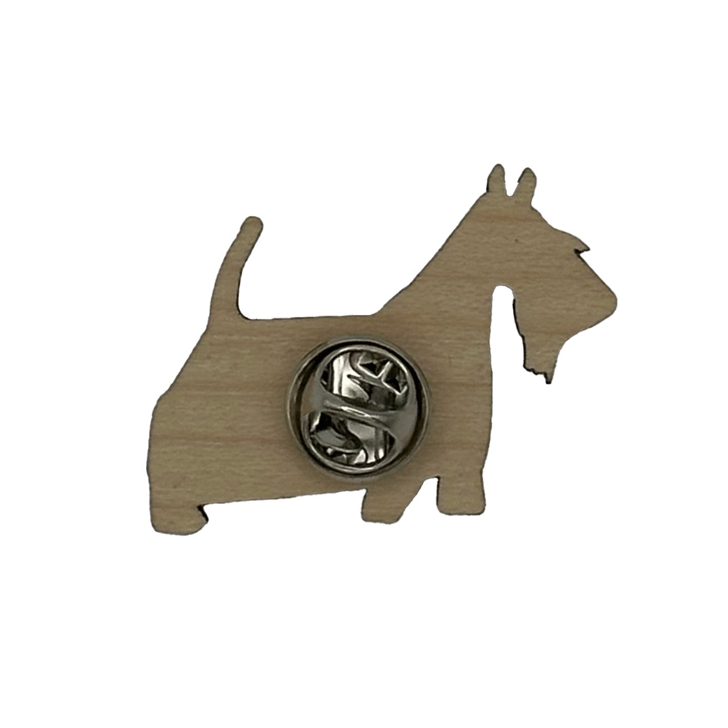 Scottish Terrier Wooden pin badge showing reverse