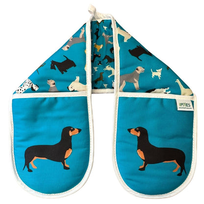 Petrol blue organic cotton colourful oven mitts with dog pattern 
