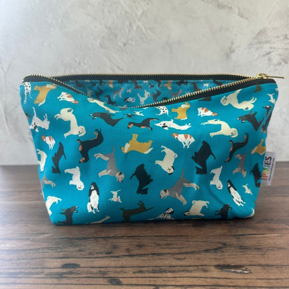 Petrol Blue Dogs illustrated really useful bag shown open with waterproof printed lining visible