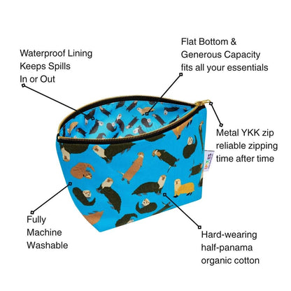teal pouch with otter pattern and features listed on a white background
